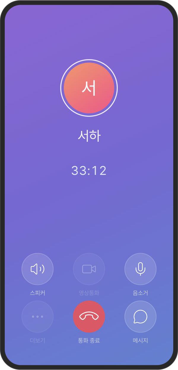 서하와 음성 통화 중인 화면 예시. 통화 시간 33:12, 스피커, 영상통화, 음소거, 더보기, 통화 종료, 메시지 버튼.