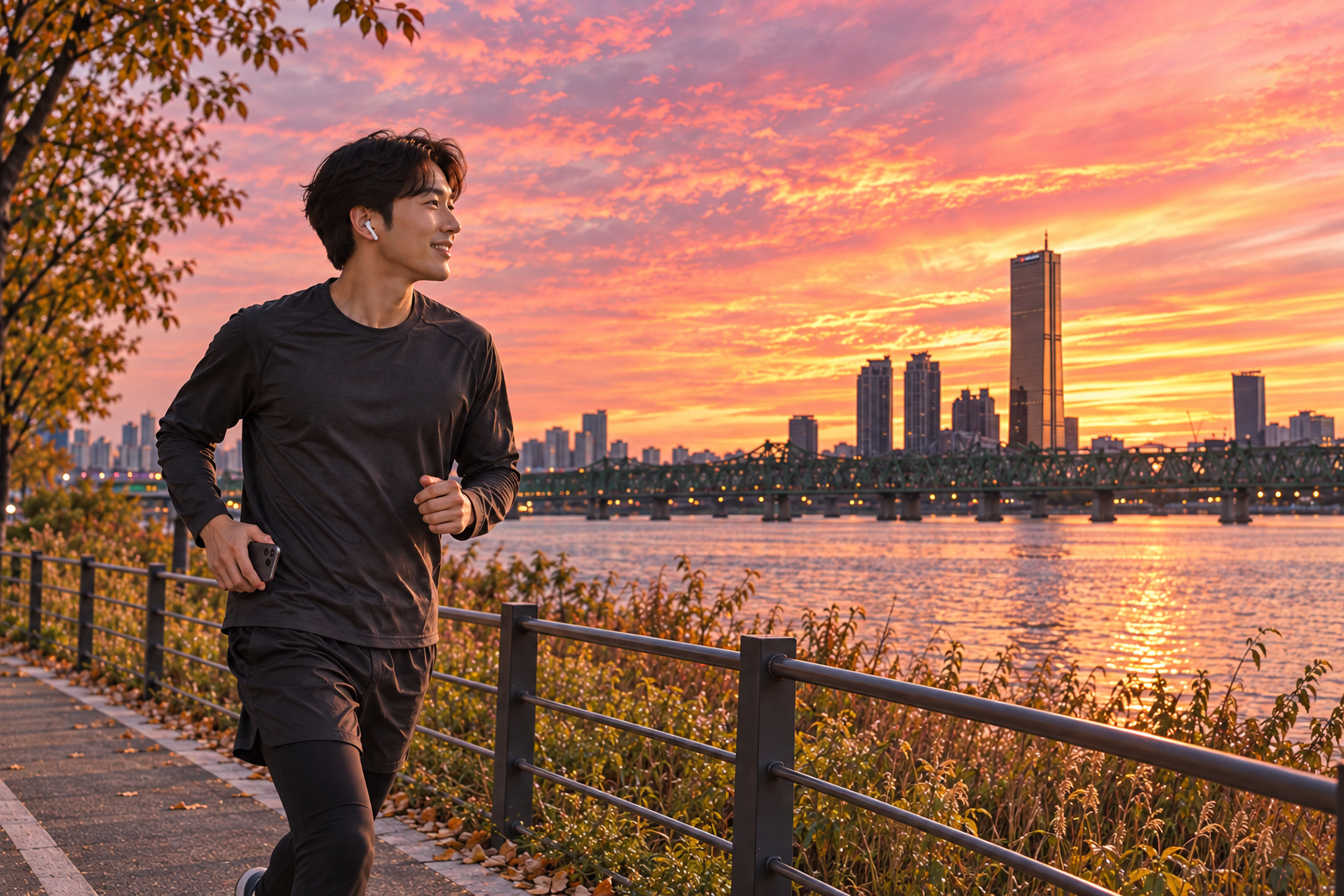 A man running beside the Han River, talking through earbuds as he looks toward the sunset and the 63 Building