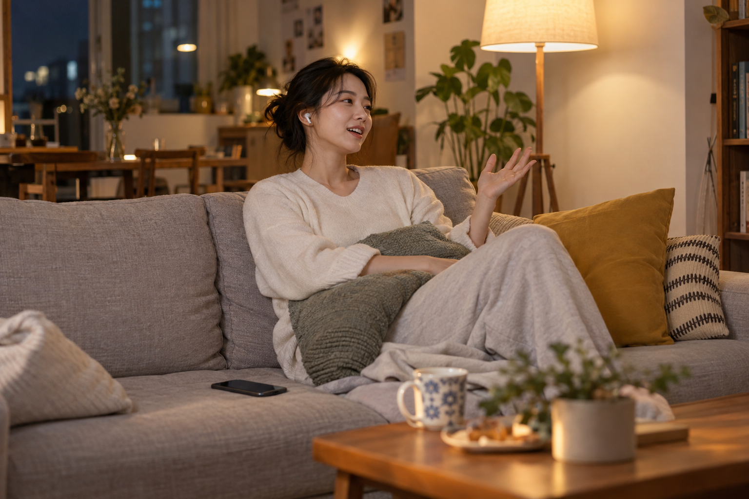 A person relaxing on a sofa, talking through wireless earbuds